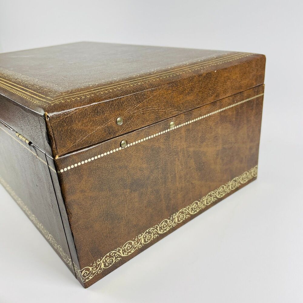 VTG MELE 4-Tier Jewelry Box MCM Mid-Century Faux Leather Satin Gold Velvet w KEY - Picture 5 of 16